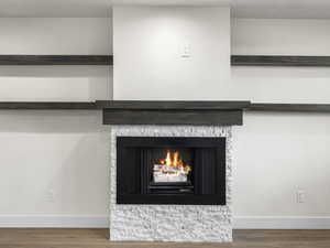 Room details with a stone fireplace and hardwood / wood-style flooring