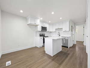 Kitchen featuring white cabinets, stainless steel appliances, and dark hardwood / wood-style floors