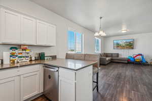 Kitchen featuring white cabinetry, kitchen peninsula, stainless steel dishwasher, and dark hardwood / wood-style floors