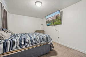 Bedroom featuring carpet floors and a textured ceiling