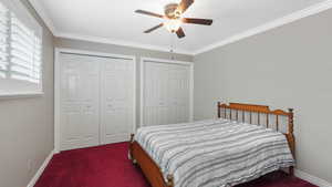 Carpeted bedroom with ornamental molding, ceiling fan, and multiple closets