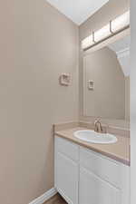 Bathroom featuring vanity and wood-type flooring