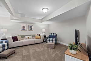 Living room with carpet and a textured ceiling