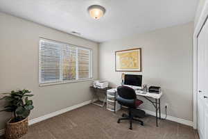 Carpeted home office featuring a textured ceiling