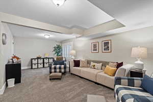 Living room featuring a textured ceiling and carpet floors