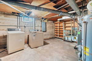 Basement with electric panel, water heater, and washing machine and clothes dryer