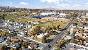 Aerial view featuring Olympic Oval Venue and a mountain view