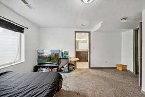 Bedroom with carpet, a textured ceiling, and connected bathroom