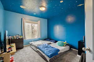 Carpeted bedroom with a textured ceiling