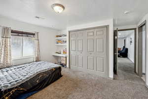 Carpeted bedroom with a textured ceiling and a closet