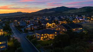 Aerial view at dusk with a mountain view