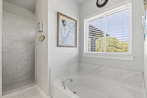 Primary suite featuring soaking tub and walk in shower