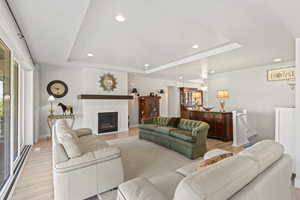 Living room featuring a raised ceiling and light hardwood / wood-style flooring