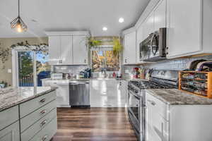 Kitchen with hanging light fixtures, tasteful backsplash, dark hardwood / wood-style floors, white cabinets, and appliances with stainless steel finishes