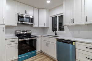 Kitchen with white cabinets, sink, decorative backsplash, light wood-type flooring, and stainless steel appliances