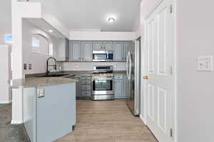 Kitchen with light hardwood / wood-style floors, kitchen peninsula, sink, gray cabinetry, and INCLUDED appliances with stainless steel finishes