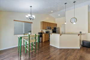 Kitchen featuring a kitchen bar, kitchen peninsula, stainless steel appliances, and dark wood-type flooring