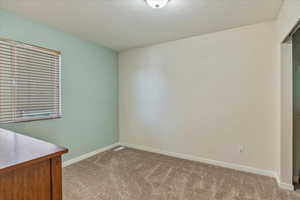 Carpeted empty room with a textured ceiling