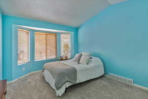 Carpeted bedroom featuring a textured ceiling and vaulted ceiling