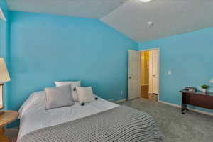 Bedroom featuring carpet flooring and vaulted ceiling