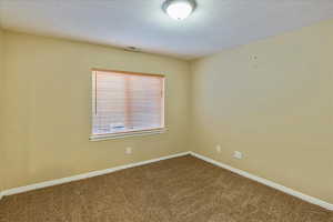 Carpeted spare room featuring a textured ceiling