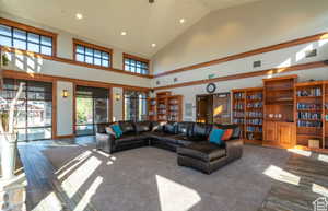 Living room with dark hardwood / wood-style floors and high vaulted ceiling