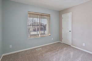 Carpeted empty room featuring visible vents and baseboards