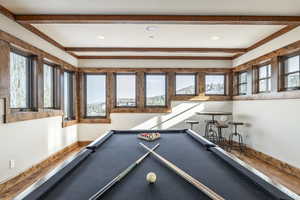 Rec room featuring hardwood / wood-style flooring and billiards