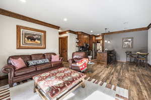 Living room featuring crown molding and dark hardwood / wood-style flooring