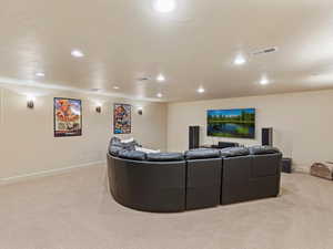 Living room with light colored carpet