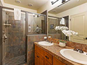 Bathroom with vanity and a shower with shower door