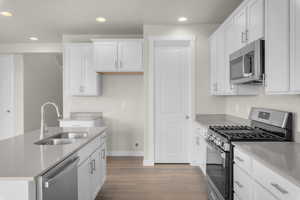 Kitchen with light hardwood / wood-style floors, sink, white cabinetry, and stainless steel appliances