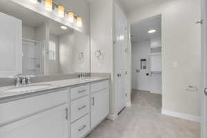 Bathroom featuring vanity and a shower