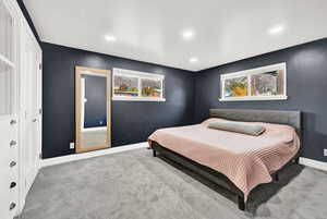 Bedroom featuring carpet floors, a closet, and multiple windows