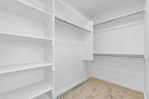 Walk in closet with light colored carpet