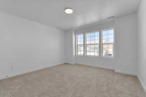 Spare room with light colored carpet and a textured ceiling