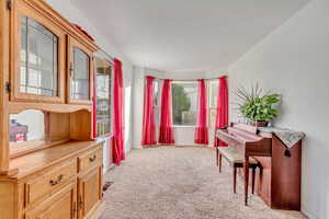 Living area with light colored carpet