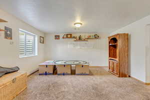 Game room featuring light carpet and a textured ceiling