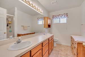 Bathroom with an enclosed shower, vanity, and toilet