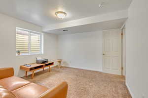 Sitting room featuring carpet and a textured ceiling