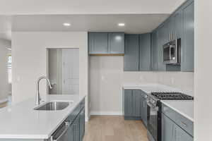 Kitchen with a kitchen island, sink, light hardwood / wood-style flooring, and appliances with stainless steel finishes