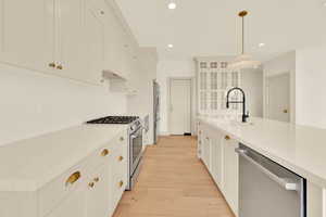 Kitchen featuring sink, hanging light fixtures, stainless steel appliances, white cabinets, and light wood-type flooring