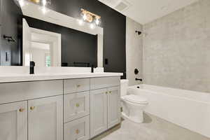 Full bathroom featuring vanity, shower / bathtub combination, and toilet