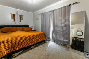 Bedroom featuring carpet flooring, a textured ceiling, and crown molding