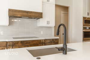 Kitchen featuring tasteful backsplash, custom range hood, stainless steel appliances, sink, and white cabinets