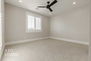 Unfurnished room with light carpet and ceiling fan