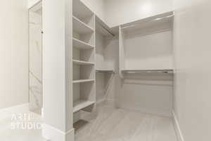 Walk in closet featuring light colored carpet