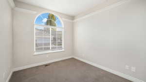 Unfurnished room featuring dark carpet and crown molding