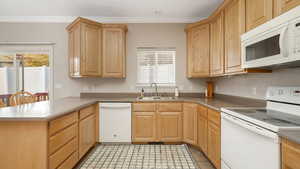 Kitchen featuring kitchen peninsula, white appliances, plenty of natural light, and sink