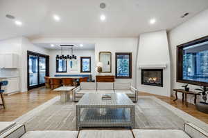 Living room featuring a large fireplace and light hardwood / wood-style floors